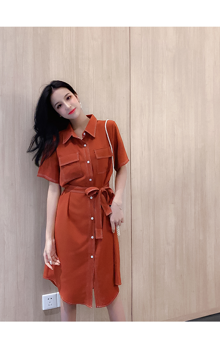 DABI 韓系POLO領綁帶收腰單排扣襯衫短袖洋裝 DABI 韓系POLO領綁帶收腰單排扣襯衫短袖洋裝