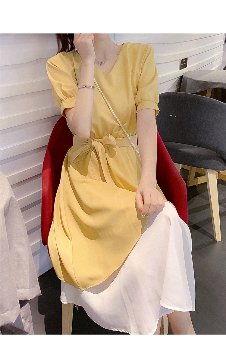 DABI 韓系V領綁帶收腰簡約撞色不規則短袖洋裝 DABI 韓系V領綁帶收腰簡約撞色不規則短袖洋裝