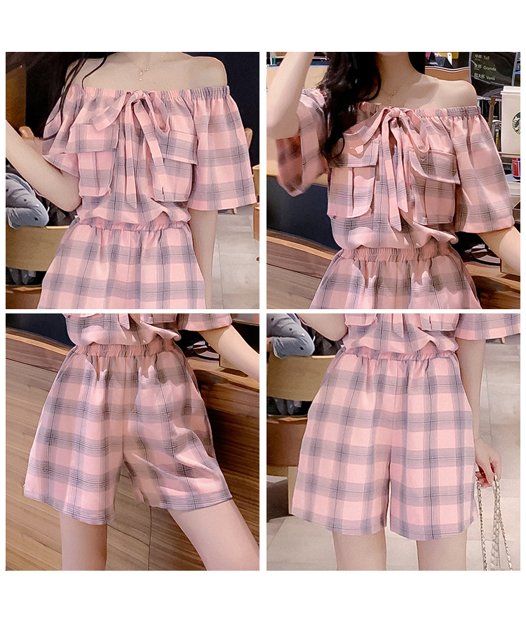 VK旗艦店 韓系格紋一字領短褲套裝短袖褲裝