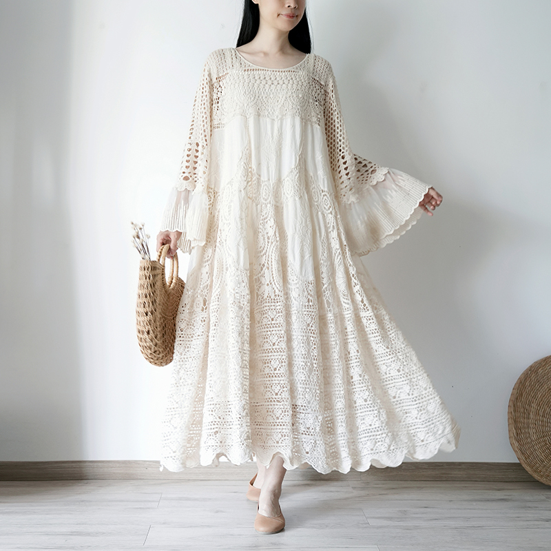 French Bohemian Style Apricot White Cut Out Crochet Lace Dress Women's Loose Knitted Blouse Dress Mid-Length Skirt