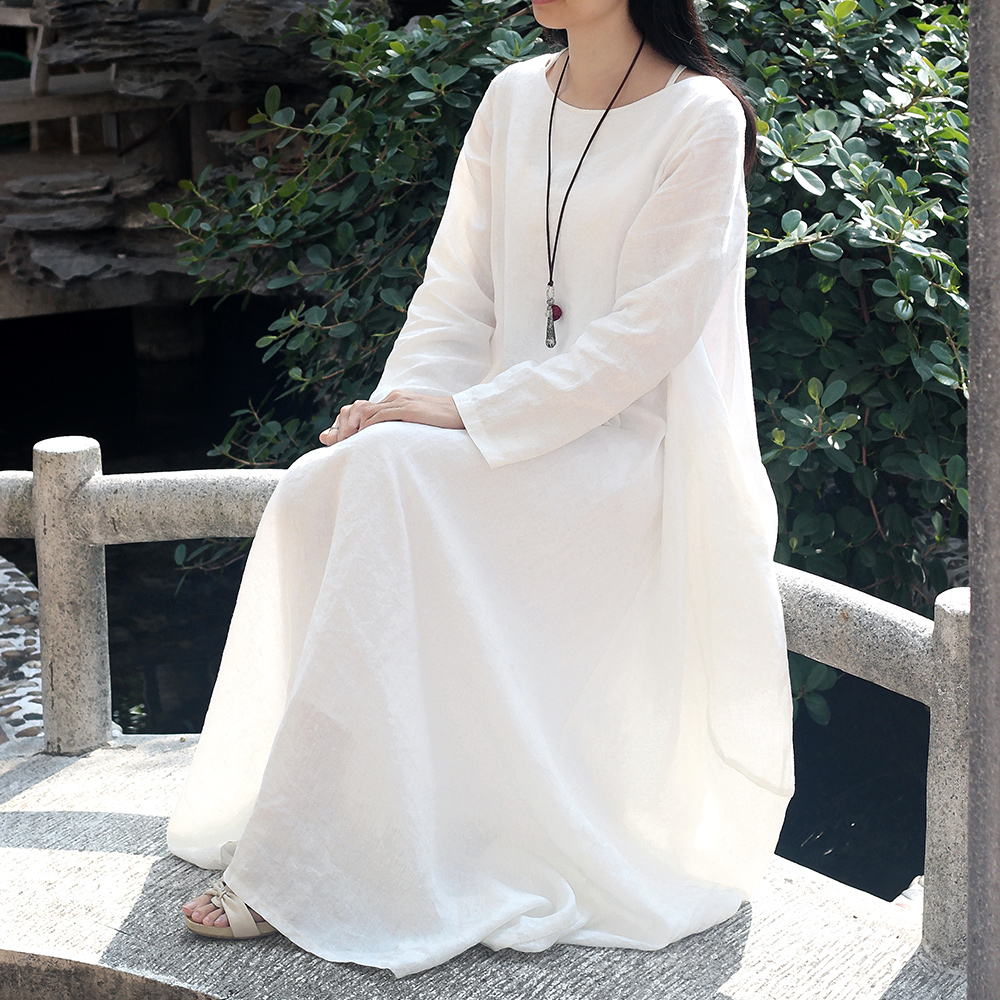 杨丽萍棉麻长袖连衣裙女宽松大码复古长裙民族风亚麻长袍秋中长款