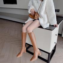 Genuine leather Long boot female though knee-high cylinder boot coarse heel small sub conspiculy high cylinder boot autumn winter elastic slim boot bright leather