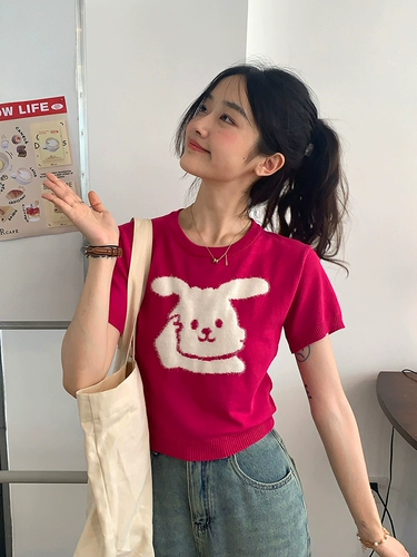 Плюшевый трикотажный летний короткий дизайнерский кролик, короткий рукав, 2023, в корейском стиле, тренд сезона