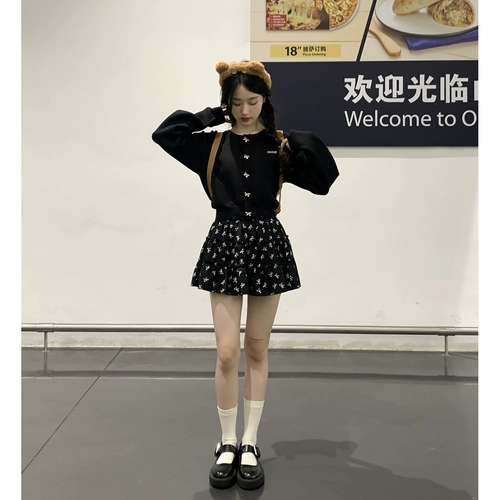 Трикотажный свитер с бантиком, юбка, летний комплект, цветочный принт, французский стиль