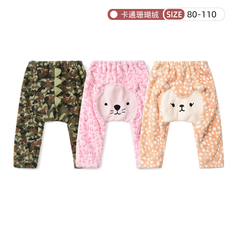 Winter Baby Coral Suede Long Pants Spring Autumn Baby Suede Big PP Pants Keep Warm No Static Pants Cartoon Cute