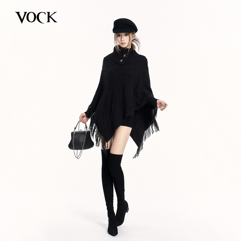 Vock Vintage Hot Girl Dark Black Irregular Design Knitted Cape High Neck Sweater Autumn Winter Coat Vock Vintage Hot Girl Dark Black Irregular Design Knitted Cape High Neck Sweater Autumn Winter Coat
