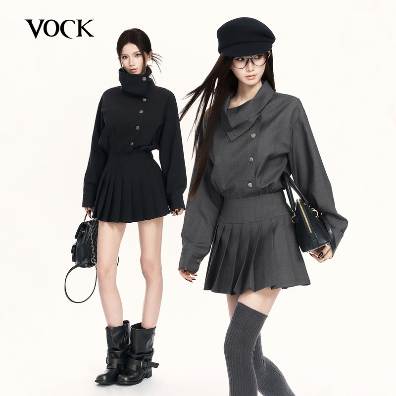 Vock British College Style Early Spring Retro Elegant Lapel Trench Coat Style Waist-Cinching Pleated Skirt Slimming Commuter Dress