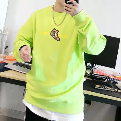 (Clearance sale)National tide cartoon printing round neck thick cotton T men and women tide brand Hong Kong style fluorescent green long sleeve top