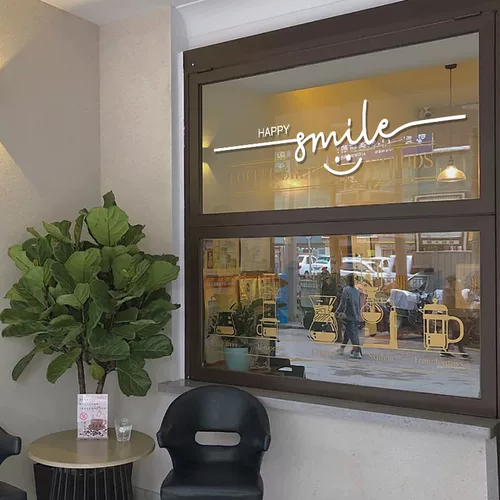 Улыбка Улыбка счастливая Ins Simple Wind Milk Tea Mope Dessert Store Фоновое украшение стены стеклянная дверная наклейка