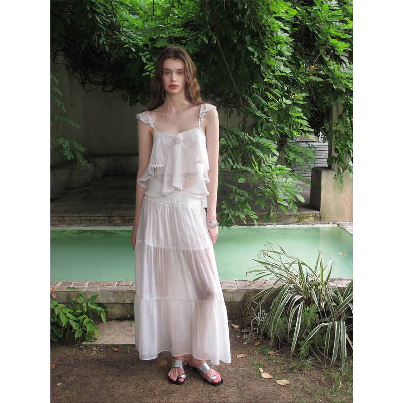 Cariedo "Yunxu Baiyu" Ethereal Chiffon Sequin Lace Romantic Top/Elegant Skirt with Waist Tie Cariedo "Yunxu Baiyu" Ethereal Chiffon Sequin Lace Romantic Top/Elegant Skirt with Waist Tie
