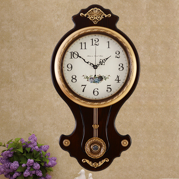 Pure copper solid wood European-style single-sided wall clock pastoral mute town house living room clock wall watch bedroom quartz clock