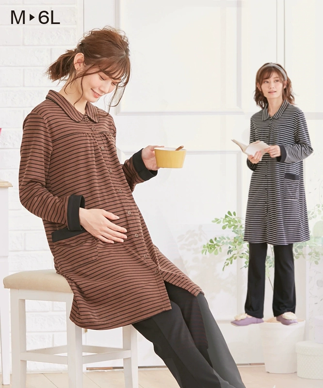 Váy ngủ cho con bú Nhật Bản mùa xuân và mùa thu mới giản dị sọc cho con bú ở nhà Áo cho con bú Váy phụ nữ cho con bú - Giải trí mặc / Mum mặc