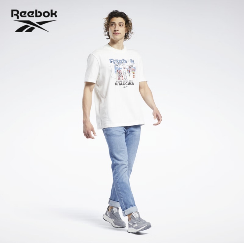 Reebok Men's Black and White Printed Cotton Breathable Indoor and Outdoor Training Crew Neck Fitness Short-Sleeve Sports T-Shirt, Oversized