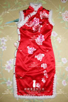 Autumn and winter fur collar cheongsam thick long cotton cheongsam winter improved thick fur collar cheongsam dress plus Cotton