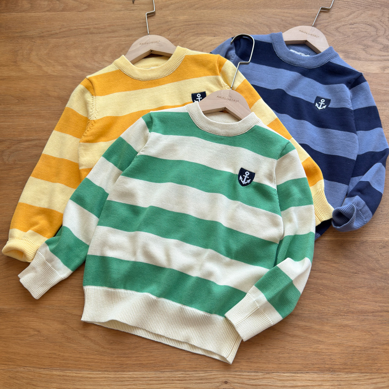 100% Cotton~Breathable and Comfortable Thin Sweater Pure Cotton Fine Yarn Kidsren's Boys' Spring & Fall Stripesd Round Neck Knitwear