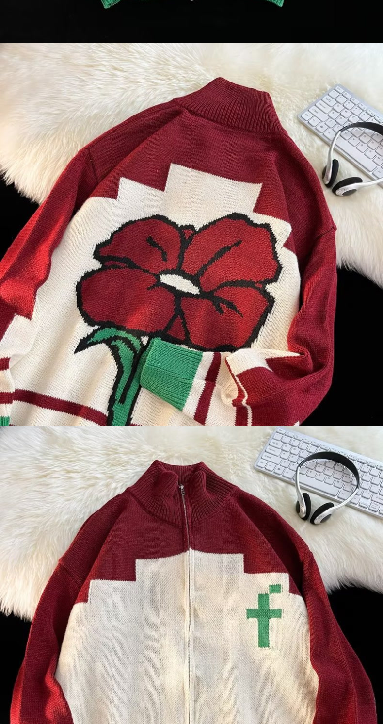 Women's Knitted Sweater Long Sleeve High Collar Colour Block_voghion.com