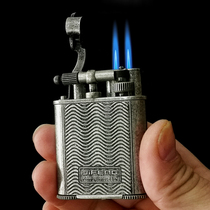 Monsoon Antique Silver Made Old Personality Mens Copper Material Double Straight Punch Blue Flame Inner Cigar Cutter Inflatable Lighter