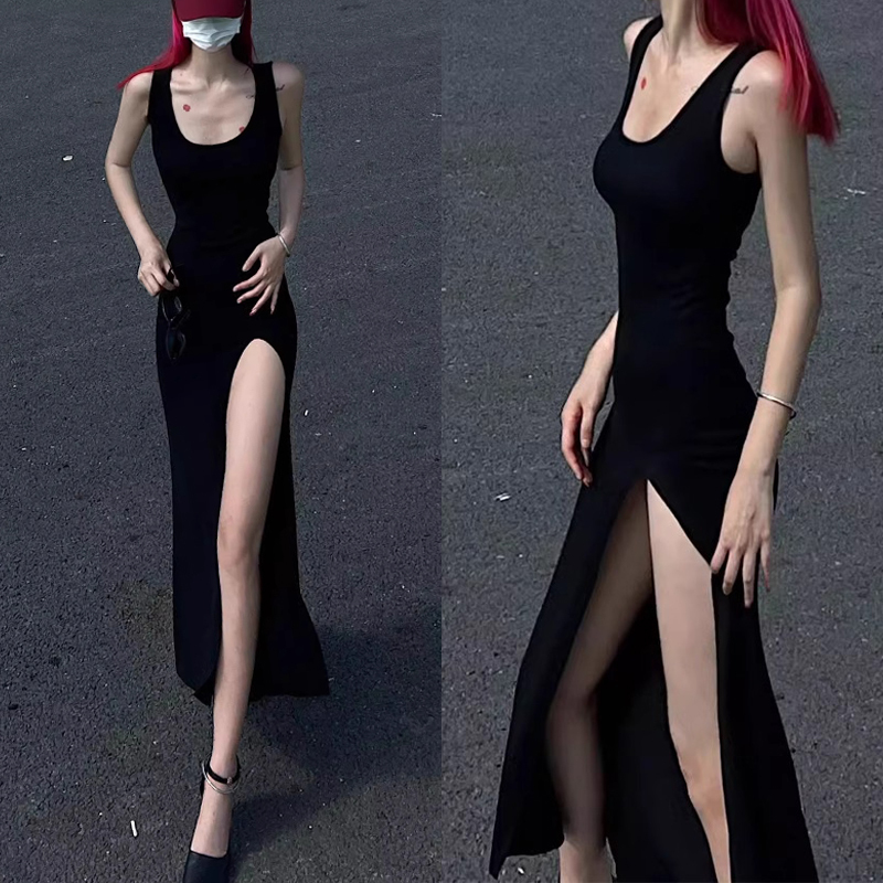 European and American Style Sexy High-Slit Leg-Revealing Long Dress for Women, Summer Waist-Cinching Slimming Low-Cut Sleeveless Dress with Inner Slip Dress