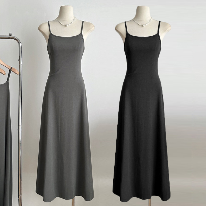 Sexy Low-Neck Pure Cotton Camisole Long Dress for Women, Slim Fit, Long A-Line Flared Skirt, Base Dress, Tank Dress