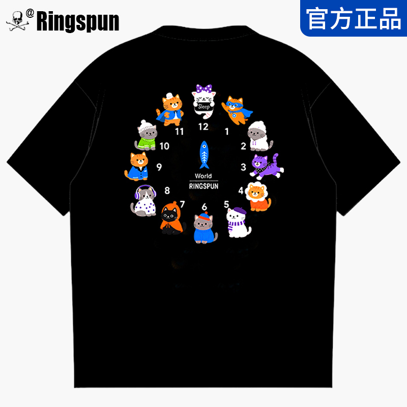 Ringspun Clock Cat Trendy Cool Heavy Cotton Heavy-Duty Embroidery Short-Sleeve T-Shirt for Men with Color-Changing Embroidery