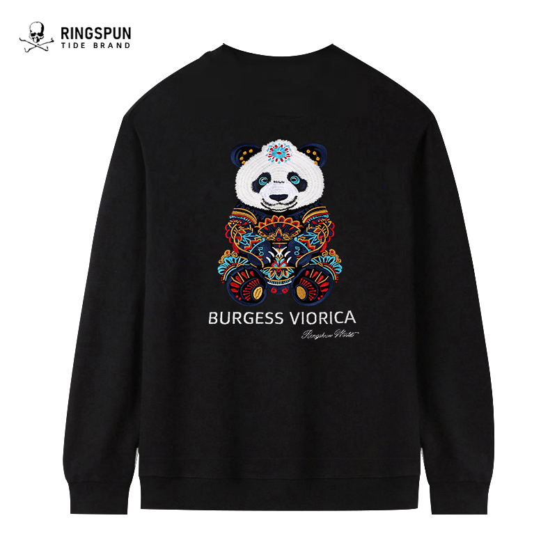 Color-Changing Panda Ringspun Embroidered Sweatshirt for Men, New Spring Style, National Trend, Thickened Spring Outfit, Round-Neck Trendy Brand Top