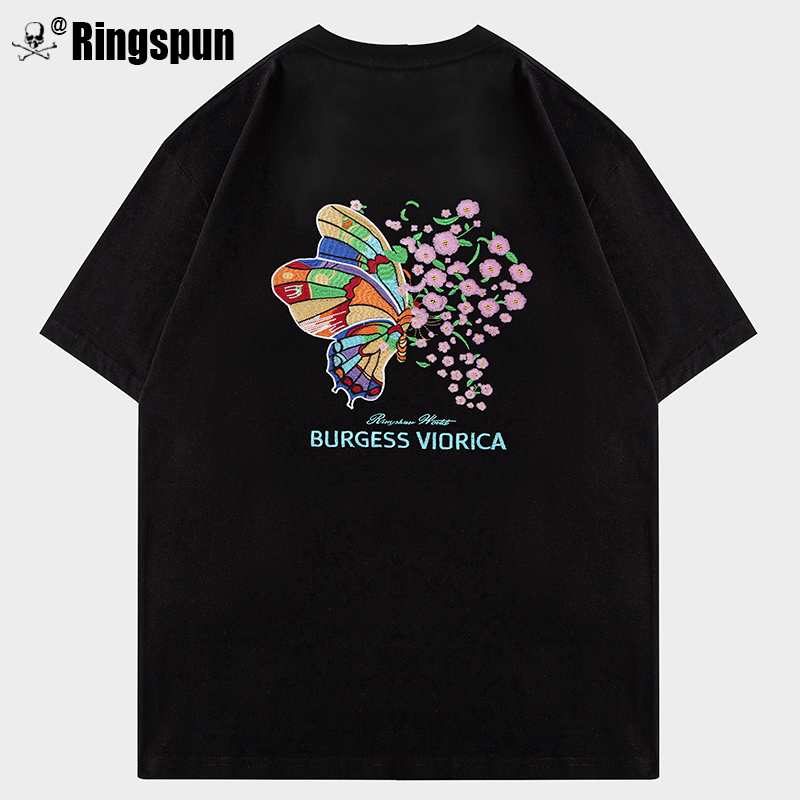 Ringspun Color-Changing Butterfly National Trend Heavy Cotton Heavy-Duty Embroidery Short-Sleeve T-Shirt for Men Embroidered American Style Trendy Brand Ringspun Color-Changing Butterfly National Trend Heavy Cotton Heavy-Duty Embroidery Short-Sleeve T-Shirt for Men Embroidered American Style Trendy Brand