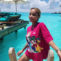 Holiday style cartoon Mickey family loose short-sleeved cotton TEE top skinny vintage crimson LMLKB-35