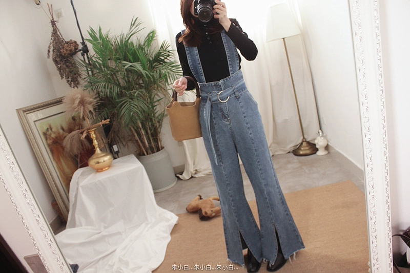 Hipster retro! Cà vạt eo cao! Mở quần ống loe! Quần jumpsuit denim quai dày B 3458 thời trang nữ