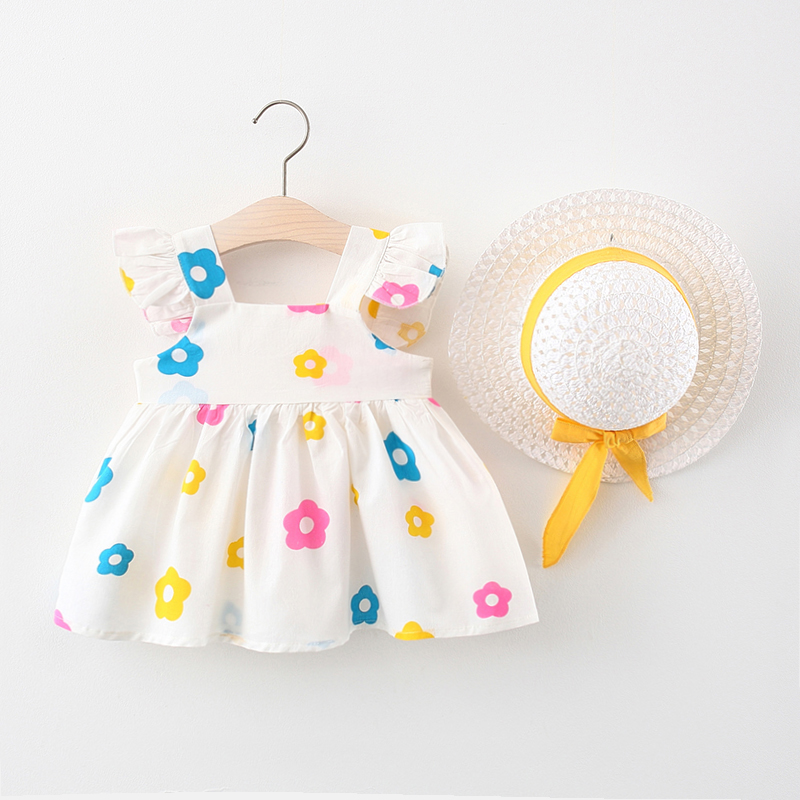 Flying Sleeve Colorful Flower - Collect And Buy Free HatBaby girl summer wear Foreign style girl Dress One year old baby Floral skirt pure cotton clothes children skirt Princess Dress