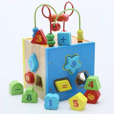 Children's wooden geometric shape cognitive matching porous intelligence box 1-2-3 years old baby early education toy building blocks