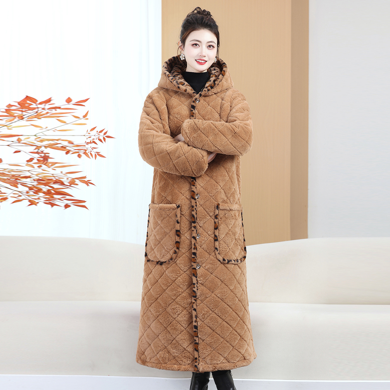 Winter Warm Cotton Clothing, Fashionable Fleece-Lined and Thickened Version, Extra-Long Style for Middle-Aged Women, Loose-Fitting Over-The-Knee Large-Size Cotton Coat