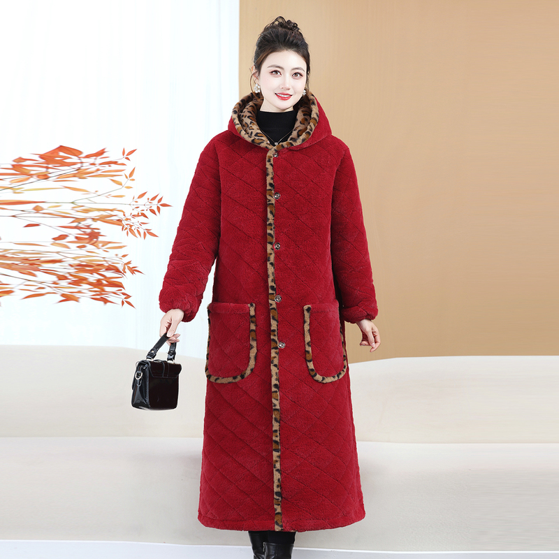 Middle-Aged Women's Winter Warm Cotton Coat, Fashionable Fleece-Lined and Thickened, Extra-Long Style, Over-The-Knee Loose-Fitting Plus-Size Cotton Jacket