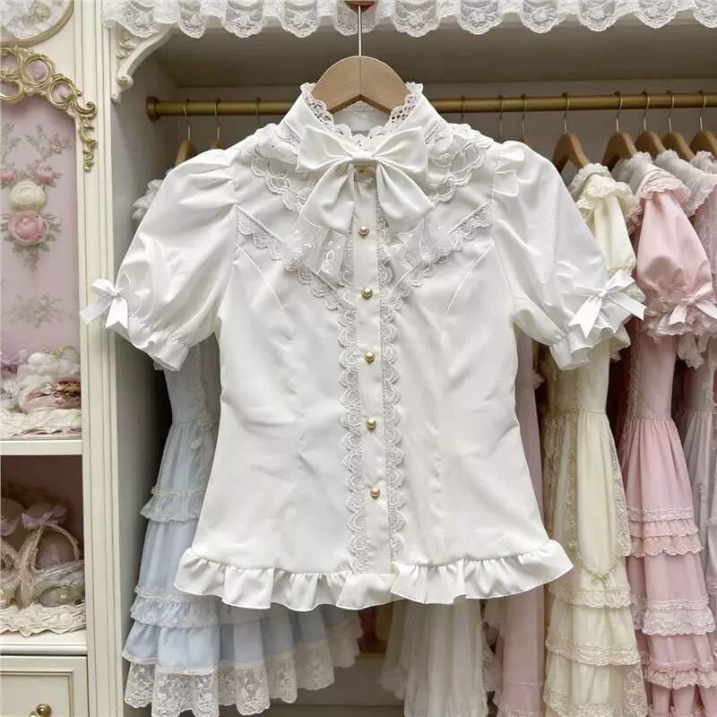 Lolita Sweet White Puff Sleeve Bow Shirt for Women, Summer Lolita Lace Bow Collar Inner Wear