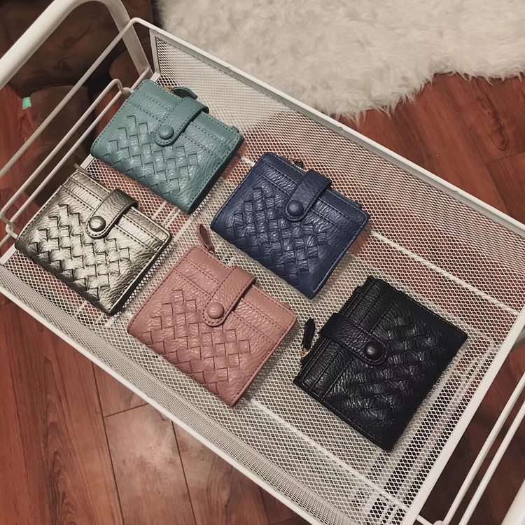 South Korean lady wallet shorts slim cute buckle Money clip Woven Folding Leather Clip Korean version Multi-blocking Zero wallet