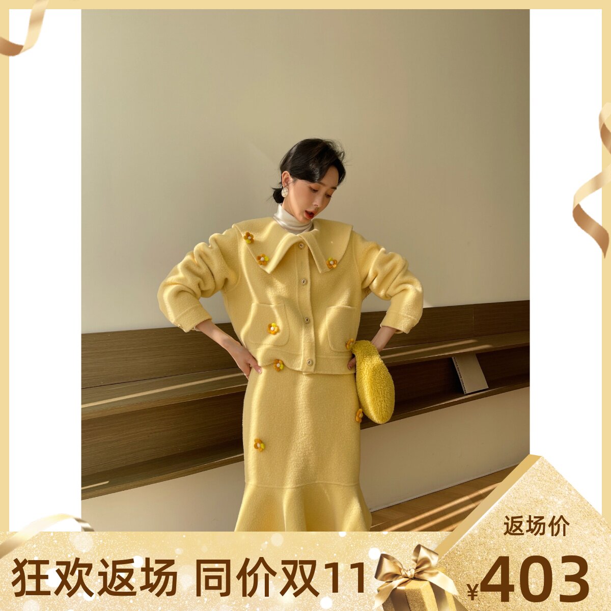 92 9 wool short coat skirt double-sided wool suit women