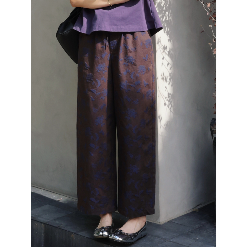 Tt Designer [Camellia Wild] High-End Woven Pattern Linen Casual Pants for Women, Summer Textured Wide-Leg Pants
