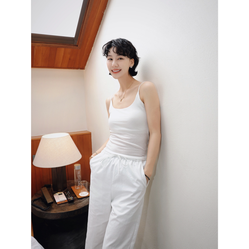 Tt Designer [Cream Puff] Built-In Bra Pads Tencel Linen Camisole Women's Summer Lace Beautiful Back Top