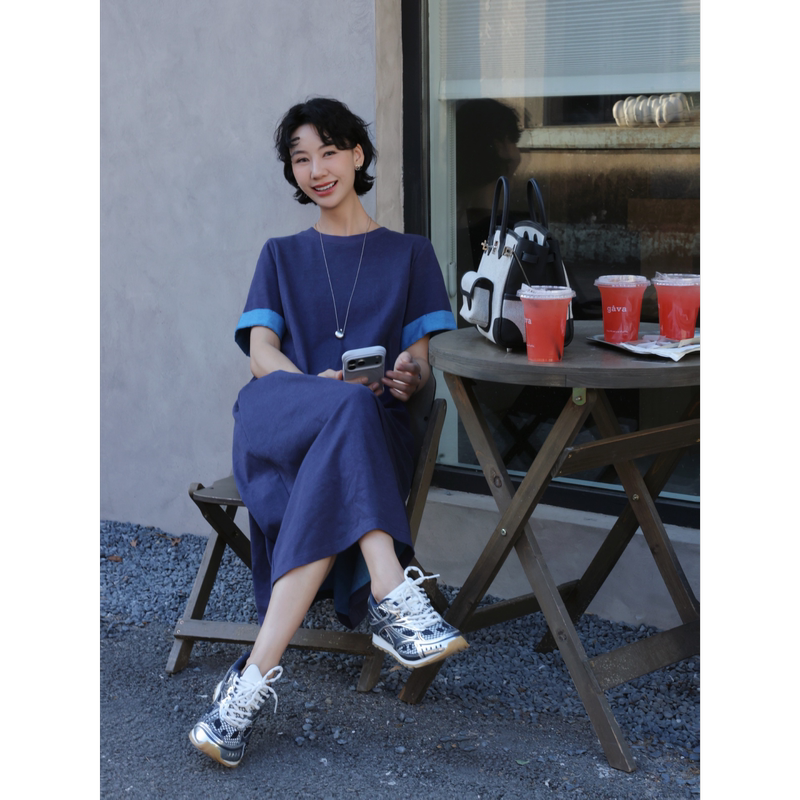 Tt Designer [Nan Ke Yi Meng] Simple and Elegant Slimming Dress for Women, Summer Color-Block Rolled Sleeve T-Shirt Dress