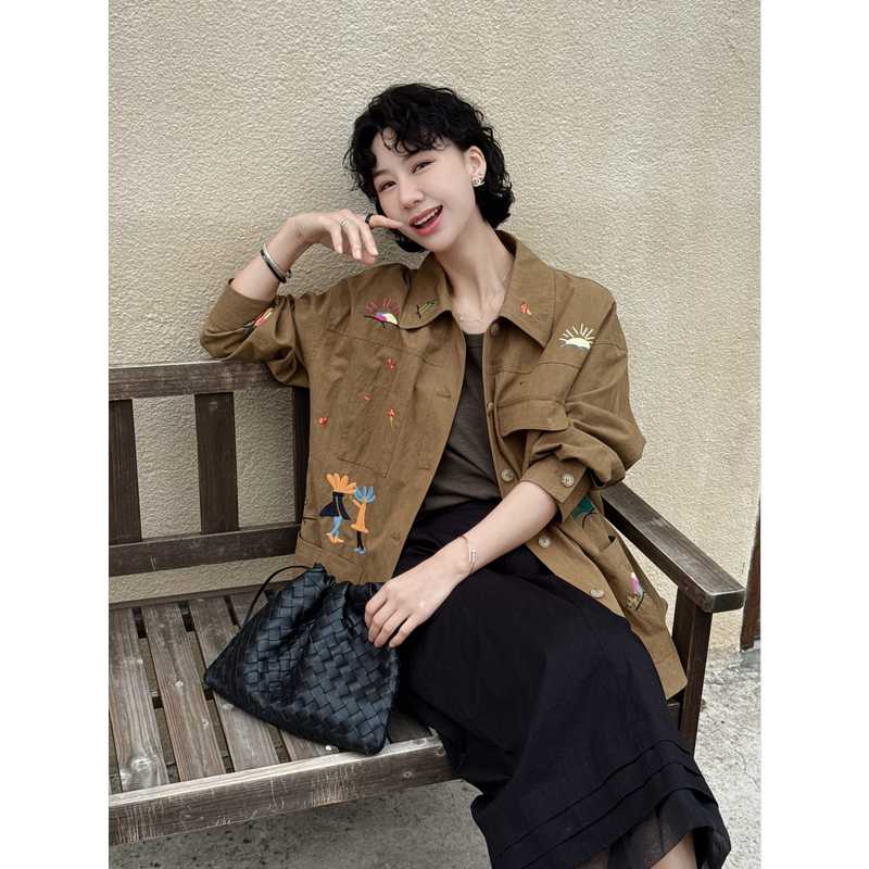 Tt Designer [Floating Flowers and Sunset] Vintage Ginger Yellow Color-Enhancing Fun Embroidered Lyocell Shirt for Women Autumn Top