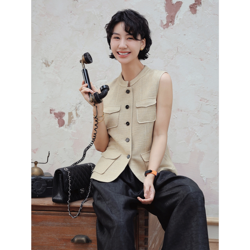 Tt Designer [Slightly Old Money] Textured Linen Chinese Style Vest Summer Workwear Sleeveless Top