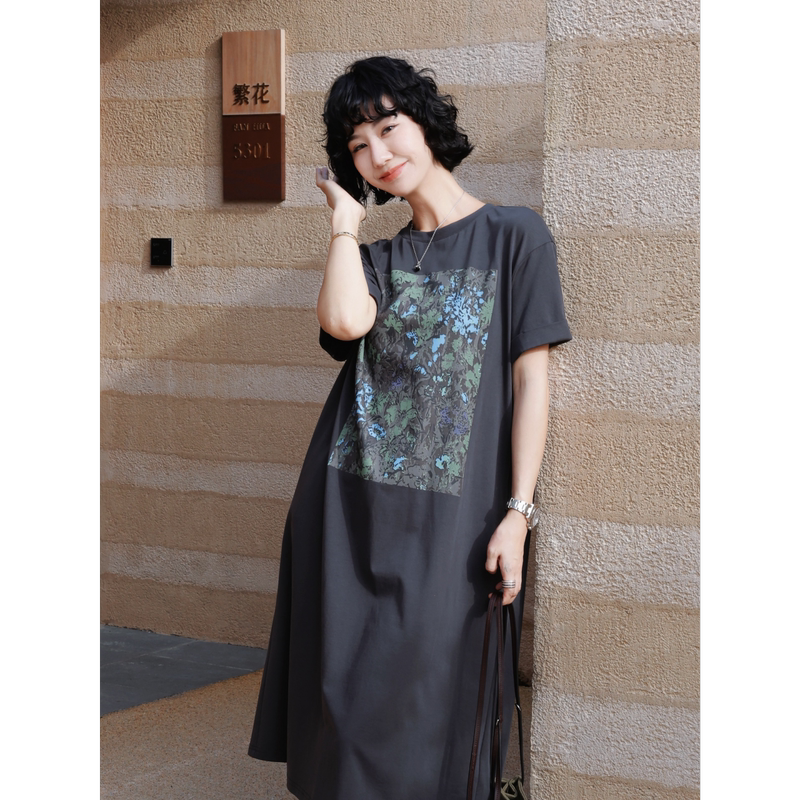 Tt Designer [Oil Painting Flowers] Vintage Art Print Drop Shoulder Short Sleeve Dress Women's Summer Slimming T-Shirt Dress