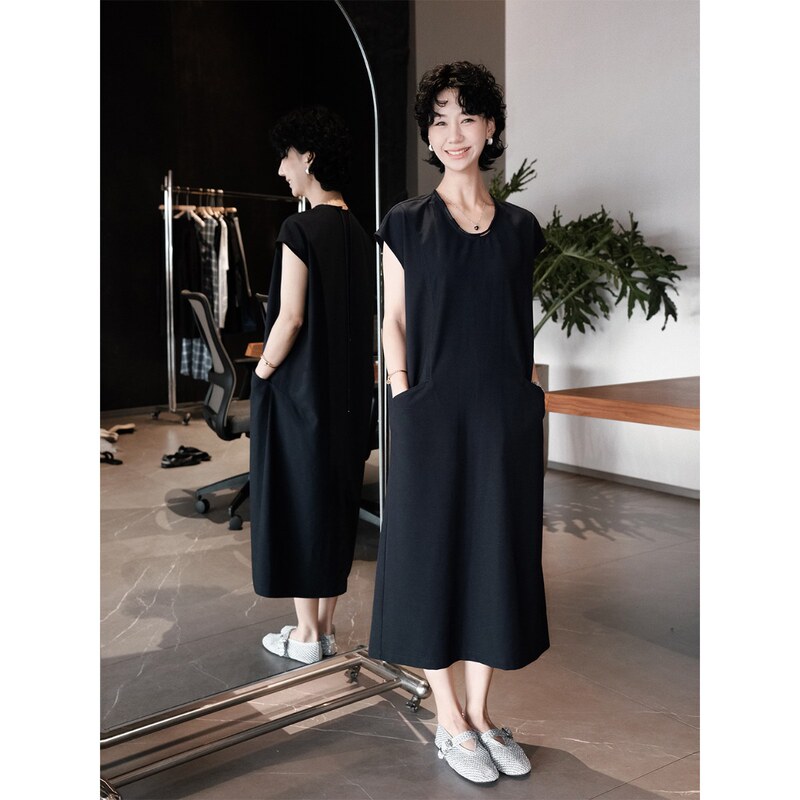Tt Designer [Yulan Yin] High-End, Age-Reducing, Body-Covering, Slimming Dress, Women's T-Shirt Dress, Straight Black Dress