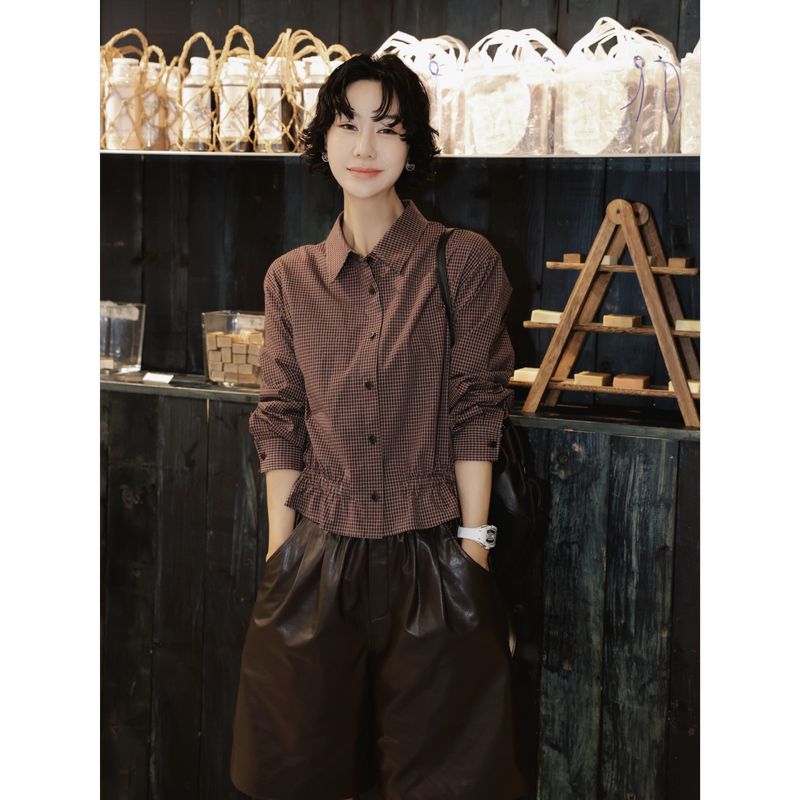 Tt Designer [Southern French Afternoon] Vintage Atmosphere Yarn-Dyed Plaid Shirt for Women, Early Autumn, Slimming, Drop Shoulder Top
