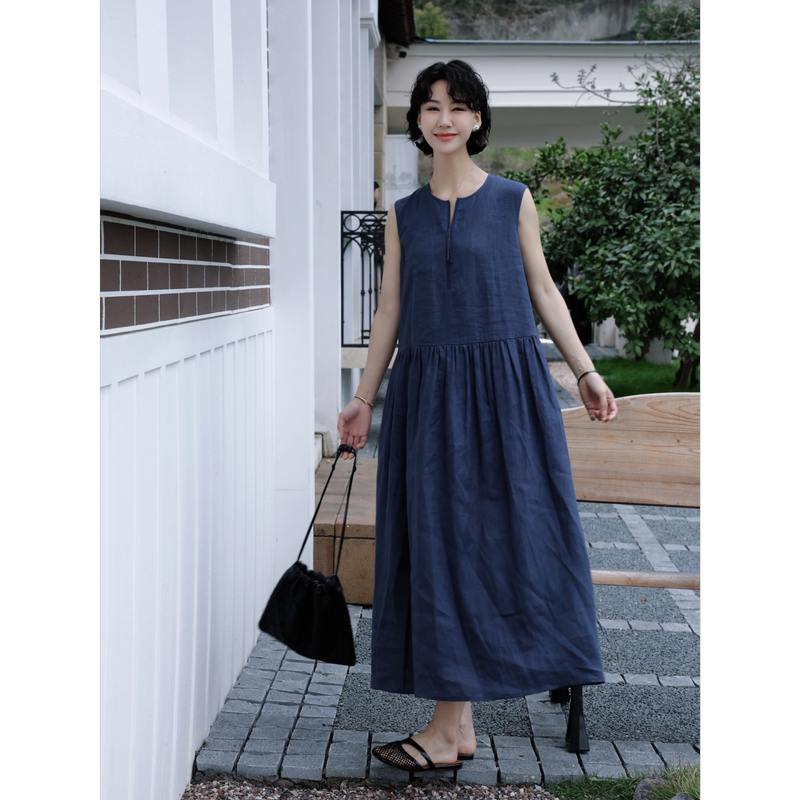 Tt Designer [Cloud Water Leisure] High-End Breathable Lightweight Linen Dress Women's Summer Sleeveless Tank Dress