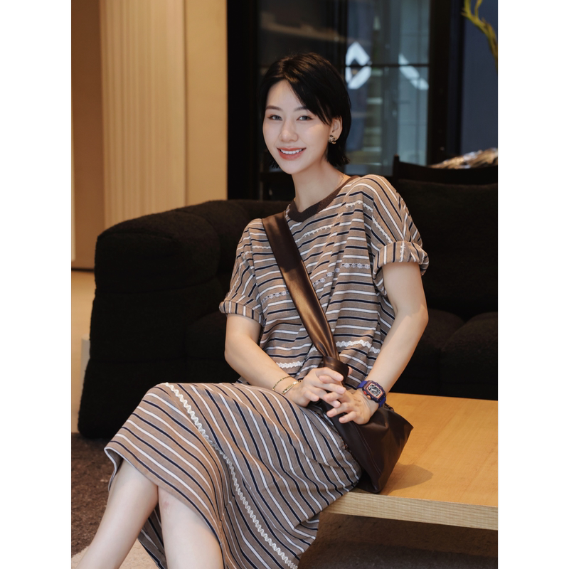 Tt Designer [Wandering Stripes] Casual Slimming Straight Knit Dress Women's Summer Mid-Length T-Shirt Dress