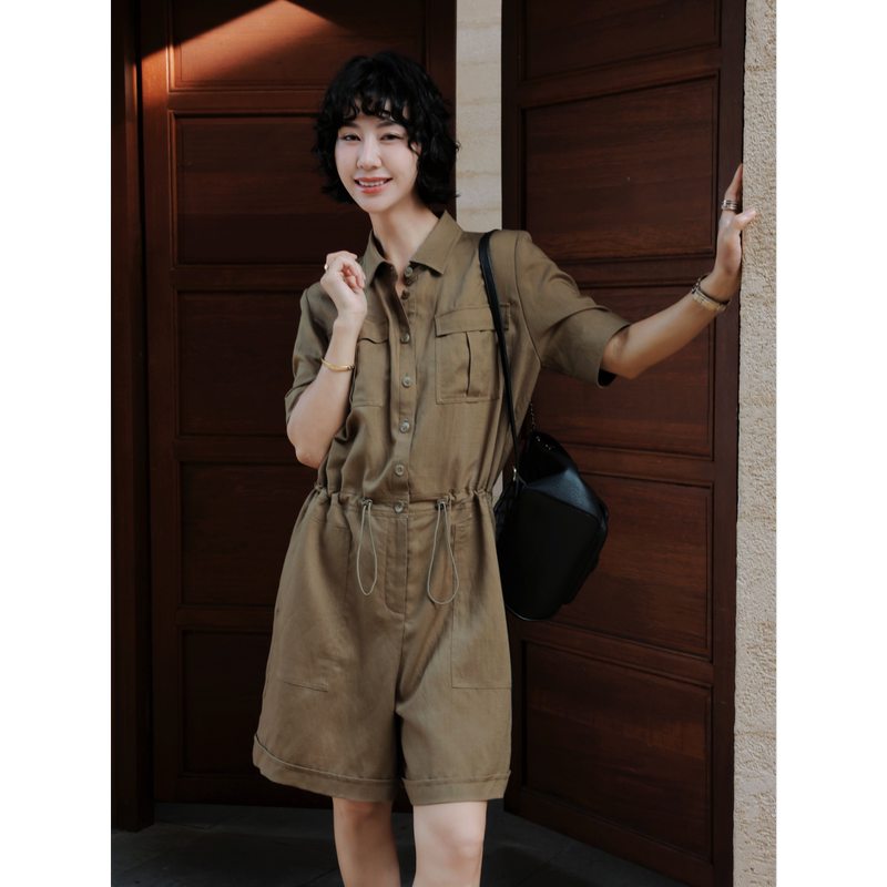 Tt Designer [Seattle] Relaxed Workwear Style Lapel Waist-Cinching Linen Jumpsuit for Women, Summer Slimming Jumpsuit