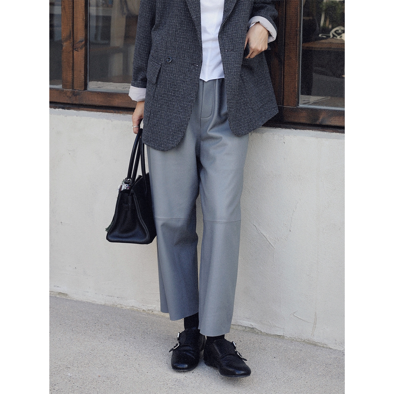 Tt Designer [Low-Key Elegance] High-End 100% Sheepskin Elastic Waist Leather Pants Women's Autumn Wide-Leg Casual Pants