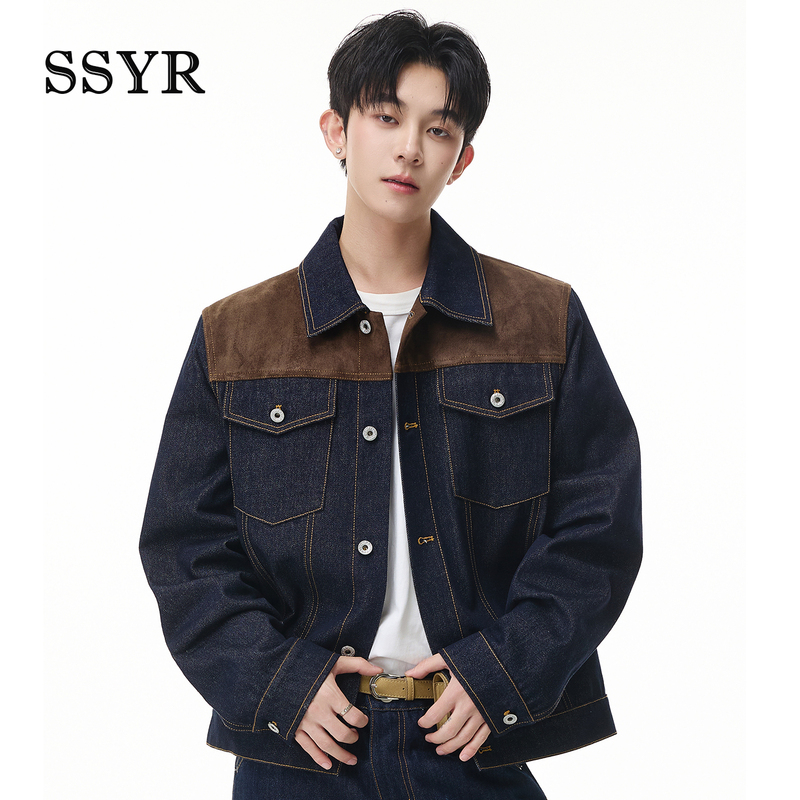 Ssyr Barn-Style Suede Patchwork Lapel Denim Jacket for Men, Autumn Season, Original Color, Regular Shoulder Short Denim Jacket for Men and Women