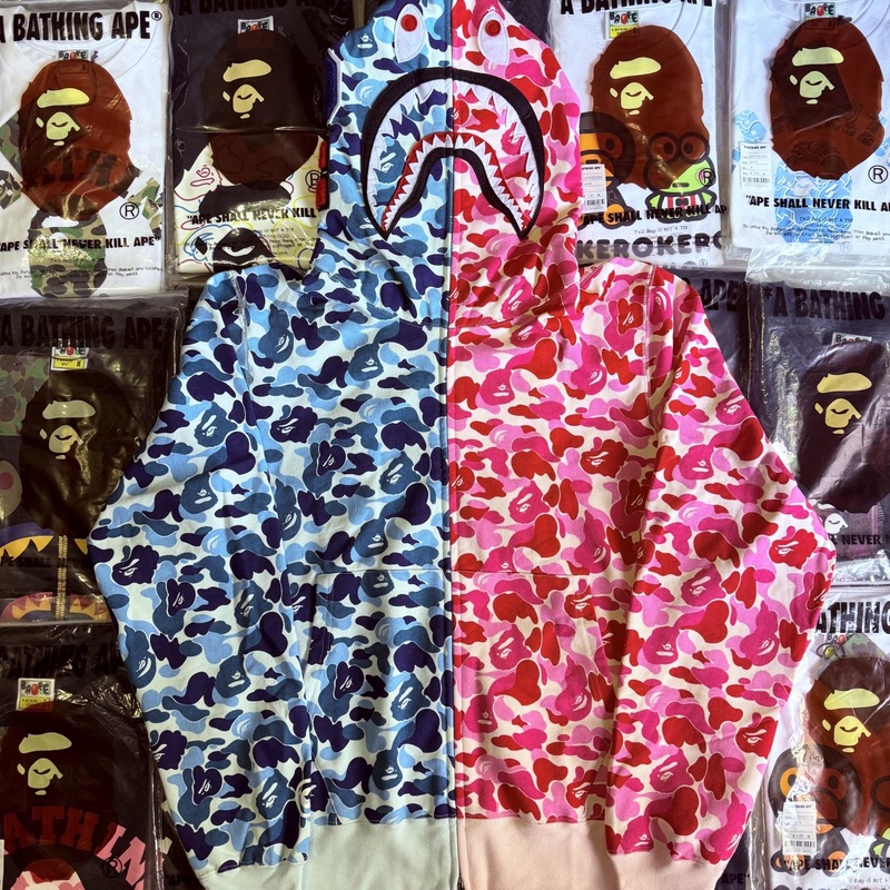 Bape Unisex Couple's Matching Color-Blocked Zip-Up Shark and Tiger Hooded Sweatshirt Jacket