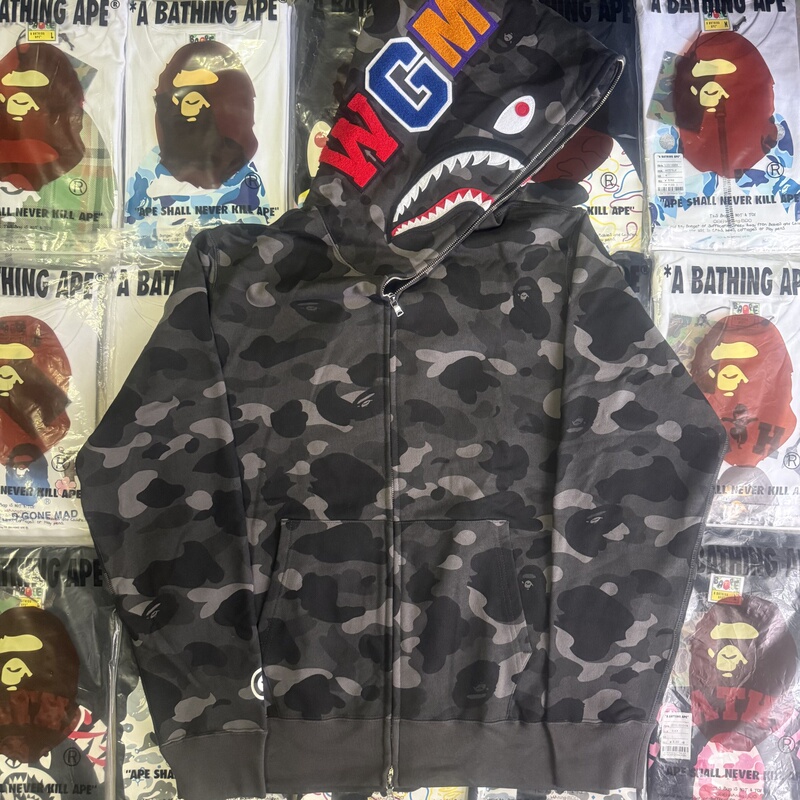 Bape Unisex Camouflage Shark Tiger Zipper Hooded Black Sweatshirt Jacket
